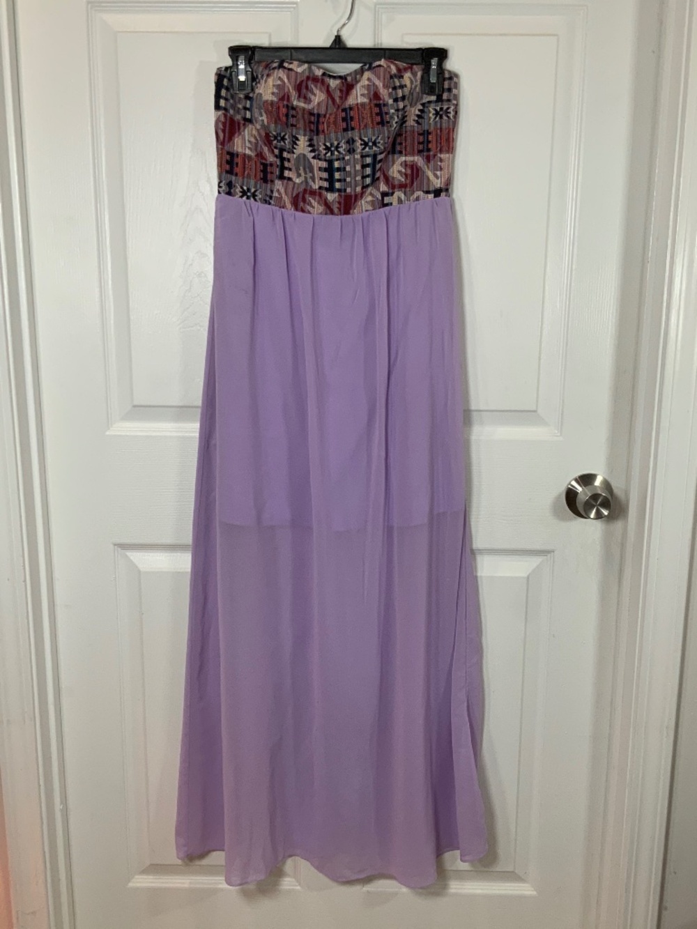 Strapless Boho Maxi Dress Lavender Chiffon Tribal Print Festival Size Small
